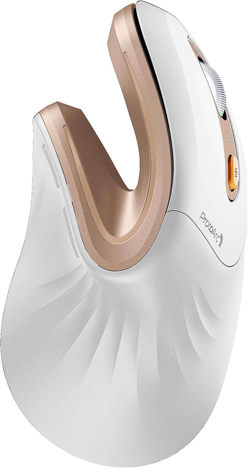 ProtoArc Ergonomic Mouse, EM11 NL Bluetooth Rechargeable Wireless Vertical Mouse, 3 Multi-Device Connectivity for Computer/PC/Laptop, 2.4GHz Optical Mice for Windows, Mac OS, White Gold - Image 1